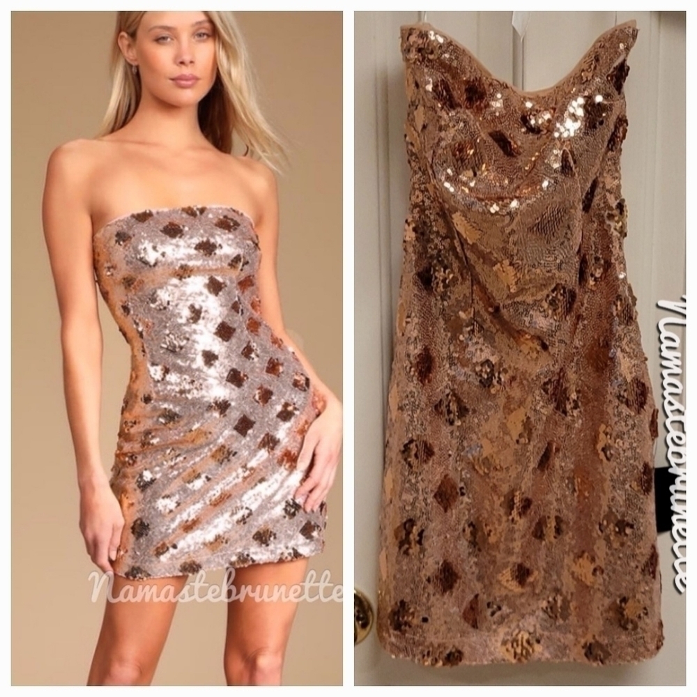 Lulu's Rose Gold Sequin Strapless Bodycon Mini Dress